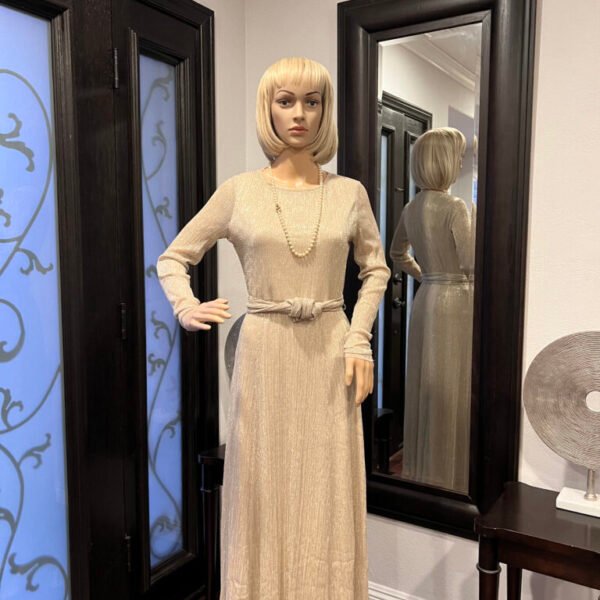 Elegant Light Gold Mettalic Long Sleeve Midi Dress