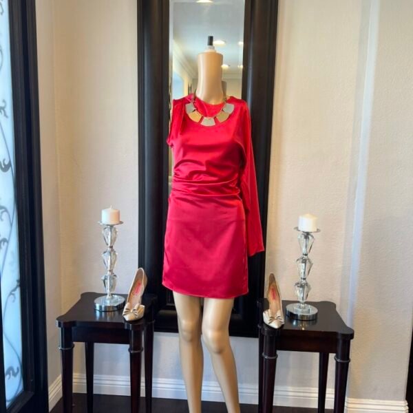 Satin Effect Dress with Sleeveless on One Side and Long Sleeve on the Other side