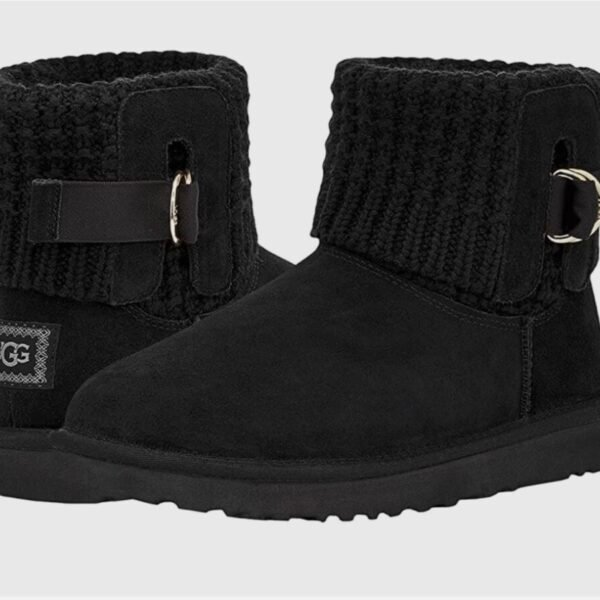 UGG Women’s Classic Solene Mini Boots Flat Ankle Booties Black Knit & Suede